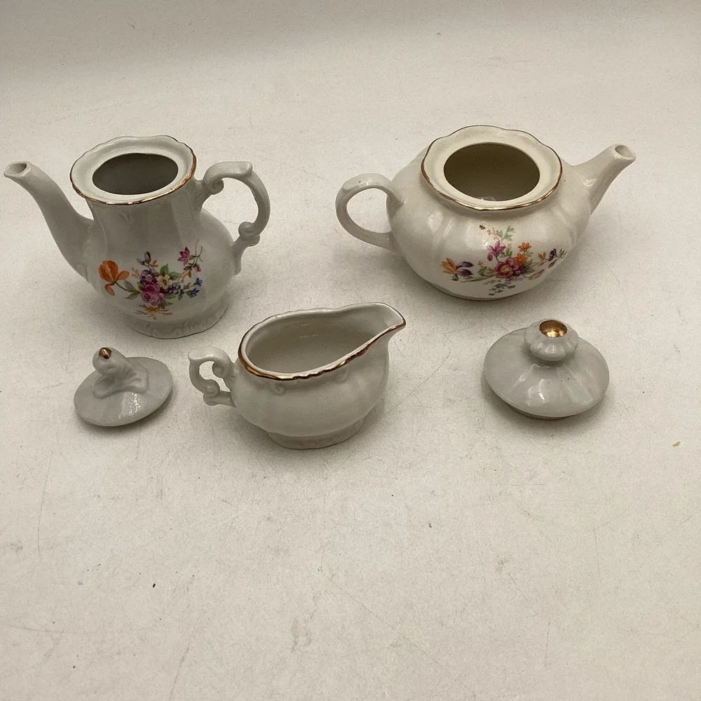 Vintage Miniature Porcelain Tea Set Floral Gold Trim Teapot Coffee Pot Creamer